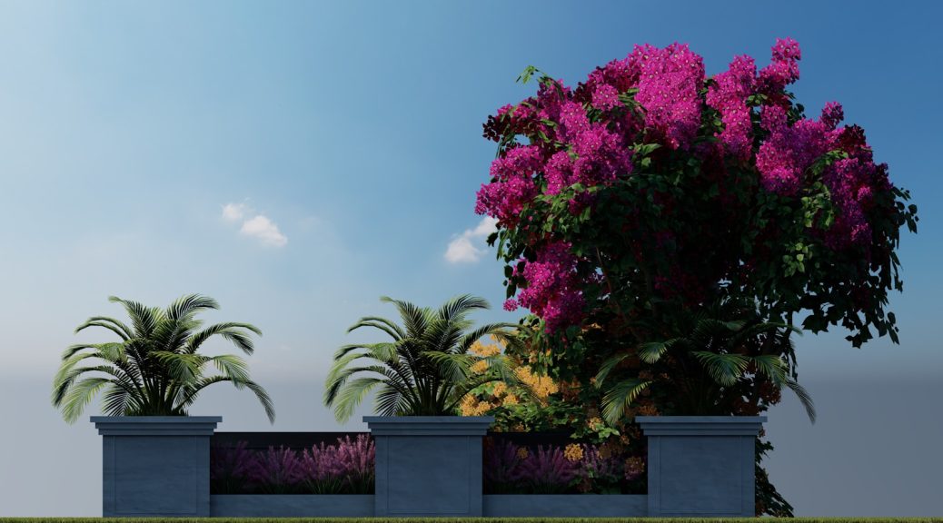 A group of three planters sitting on top of a lush green field